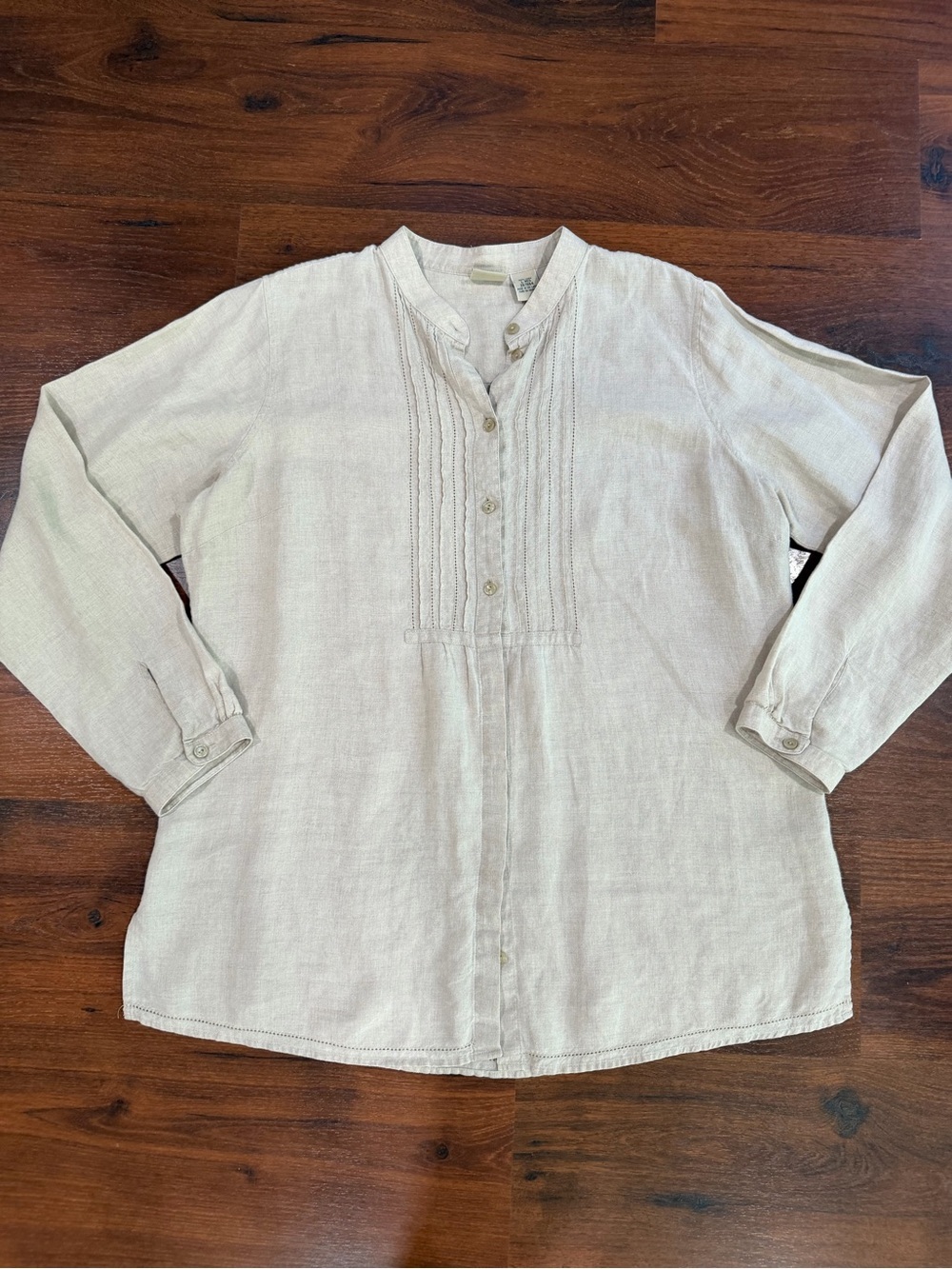 L.L. Bean 100% Linen Top Peasant Long Sleeve Natural Beige Pin Tuck Tunic Large